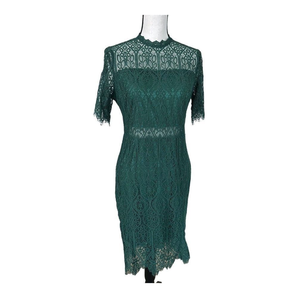 Zalalus Green Sheer Lace High Neck Elegant Bodycon Midi Dress Womens 10 - Picture 2 of 14